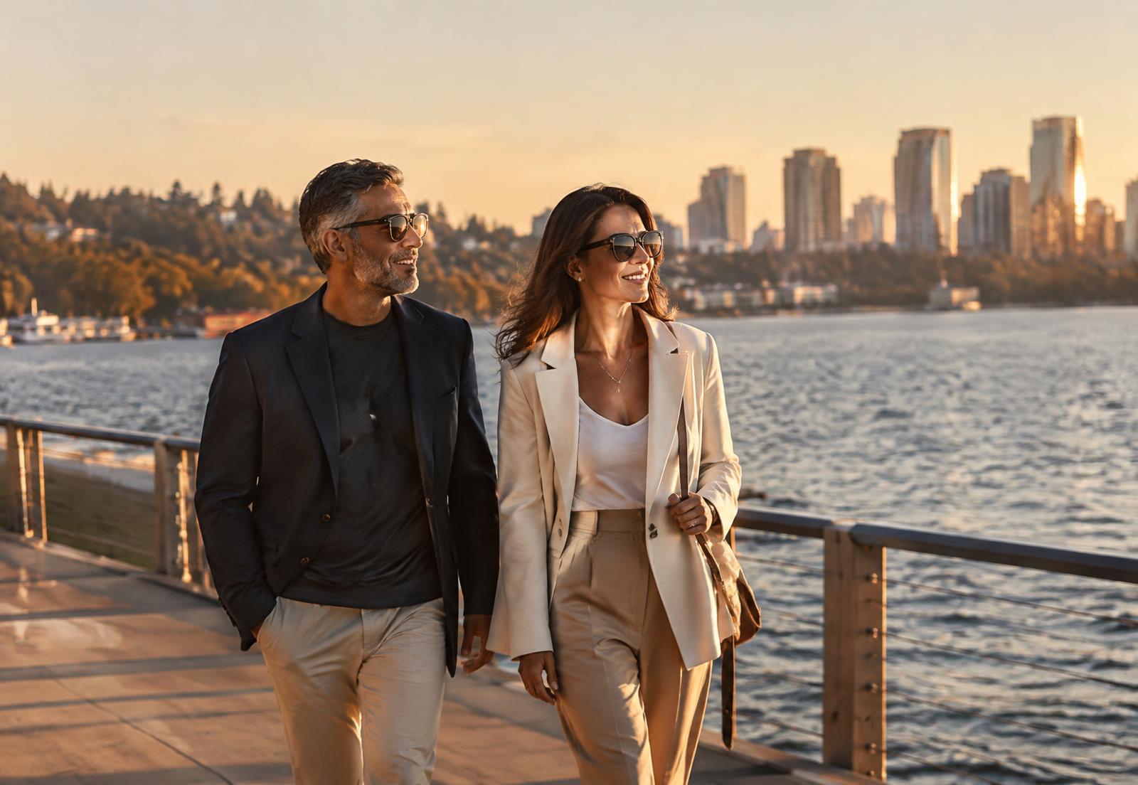 Couple walking along the Bellevue waterfront